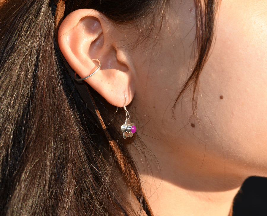 Purple Flower Earrings on model | Dangle Earrings | Sterling Silver Earrings