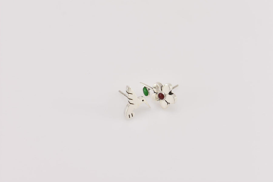 silver hummingbird earrings with flower | sterling Silver Earrings